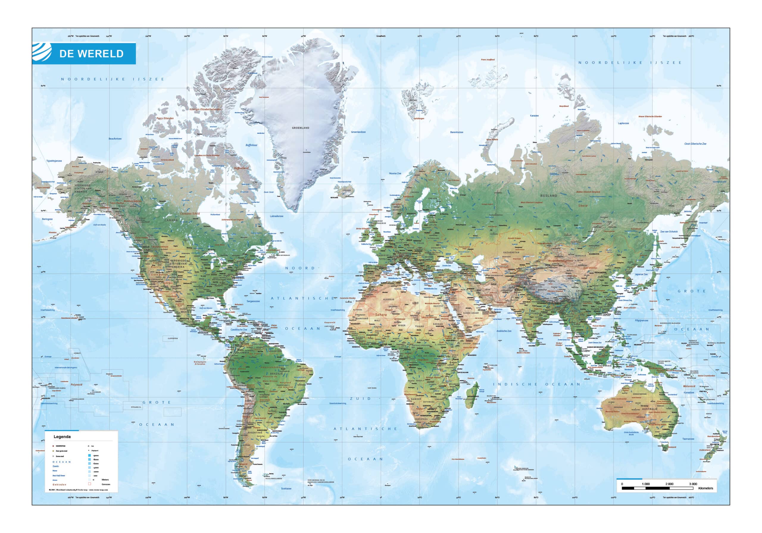 vragenlijst component Goed opgeleid Wereldkaart natuurkundig - Vector-Map de online kaarten shop!
