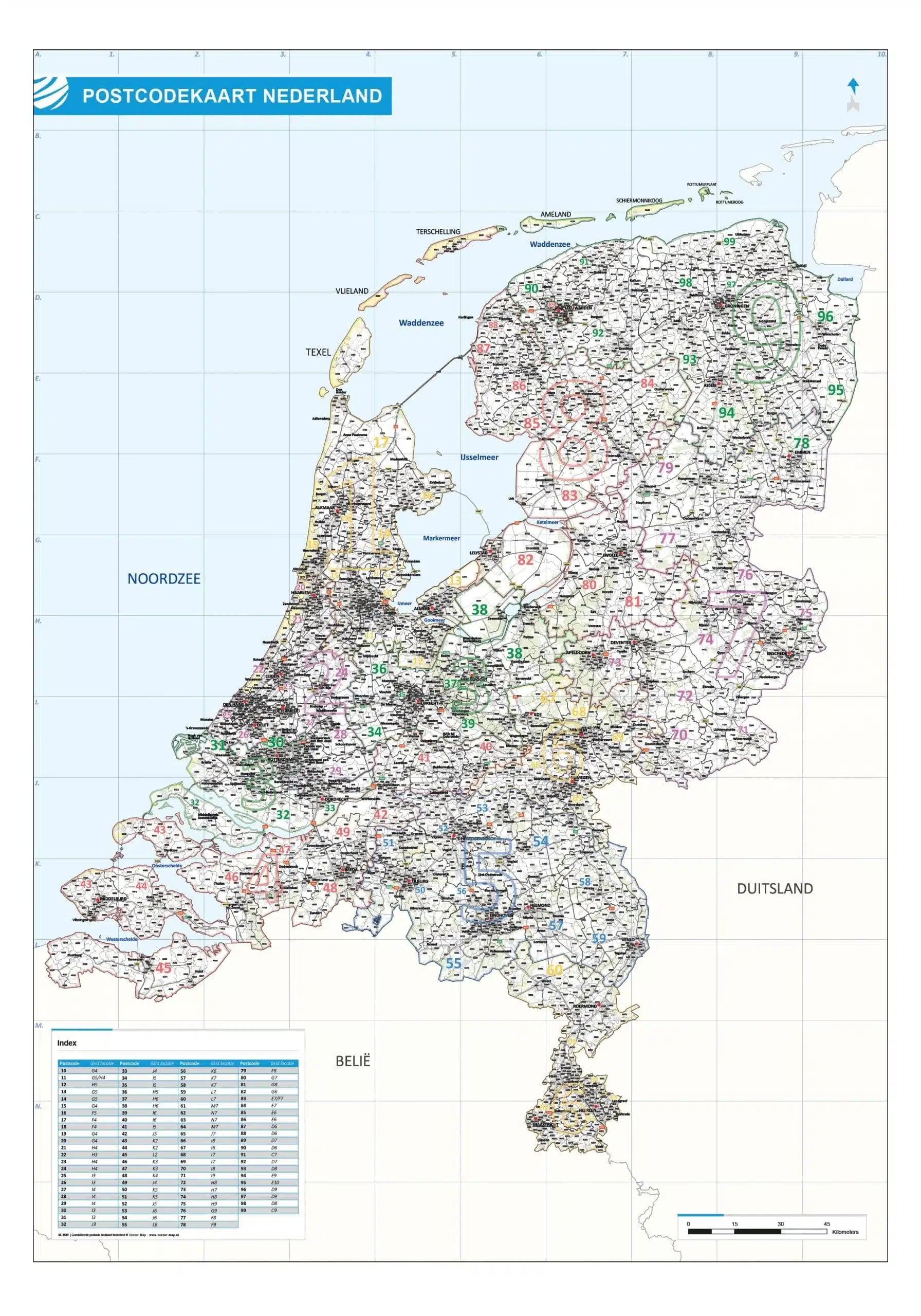 Gedetailleerde postcode landkaart Nederland