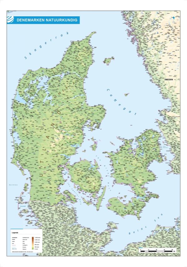 Landkaart Denemarken natuurkundig