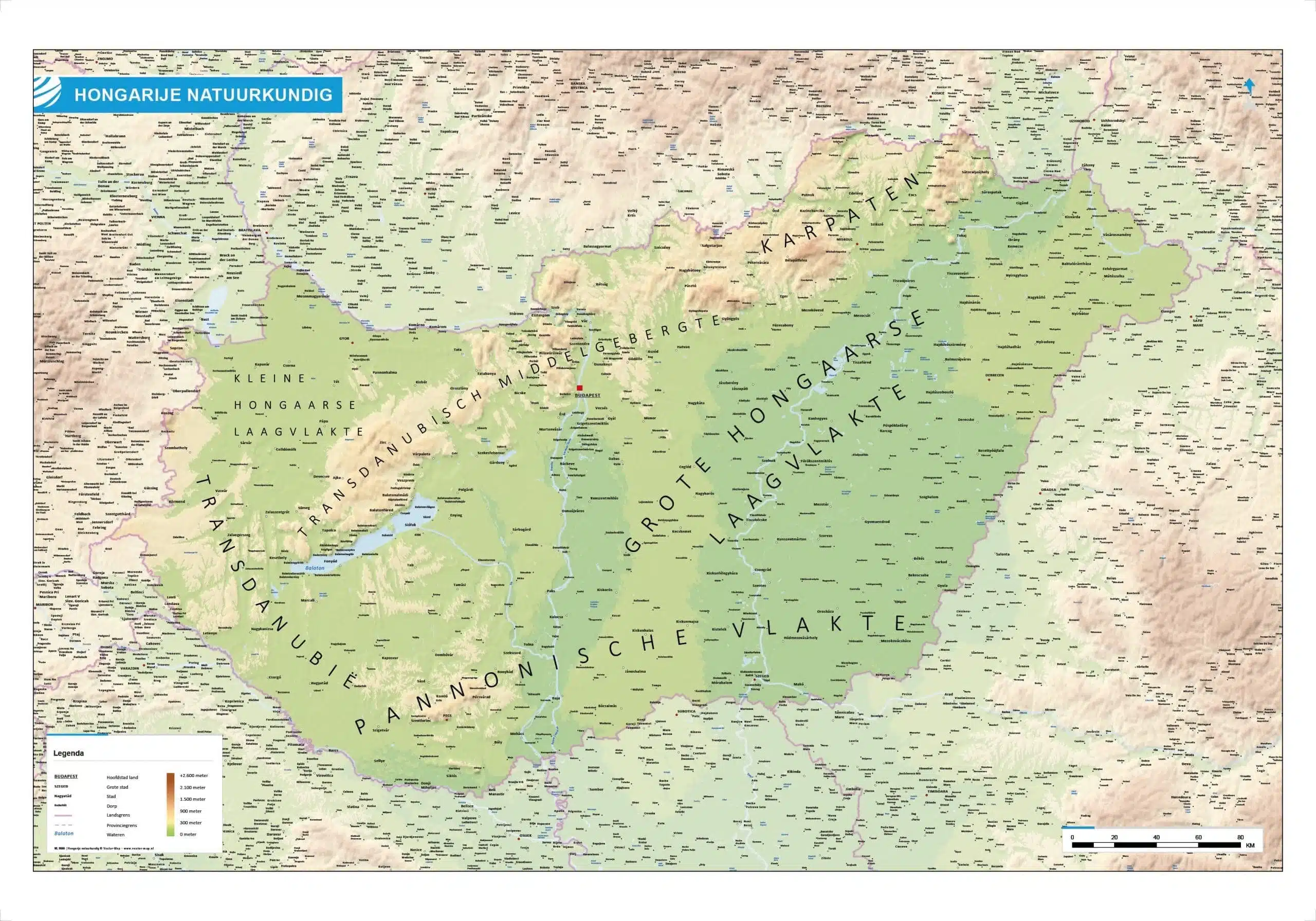 Landkaart Hongarije natuurkundig