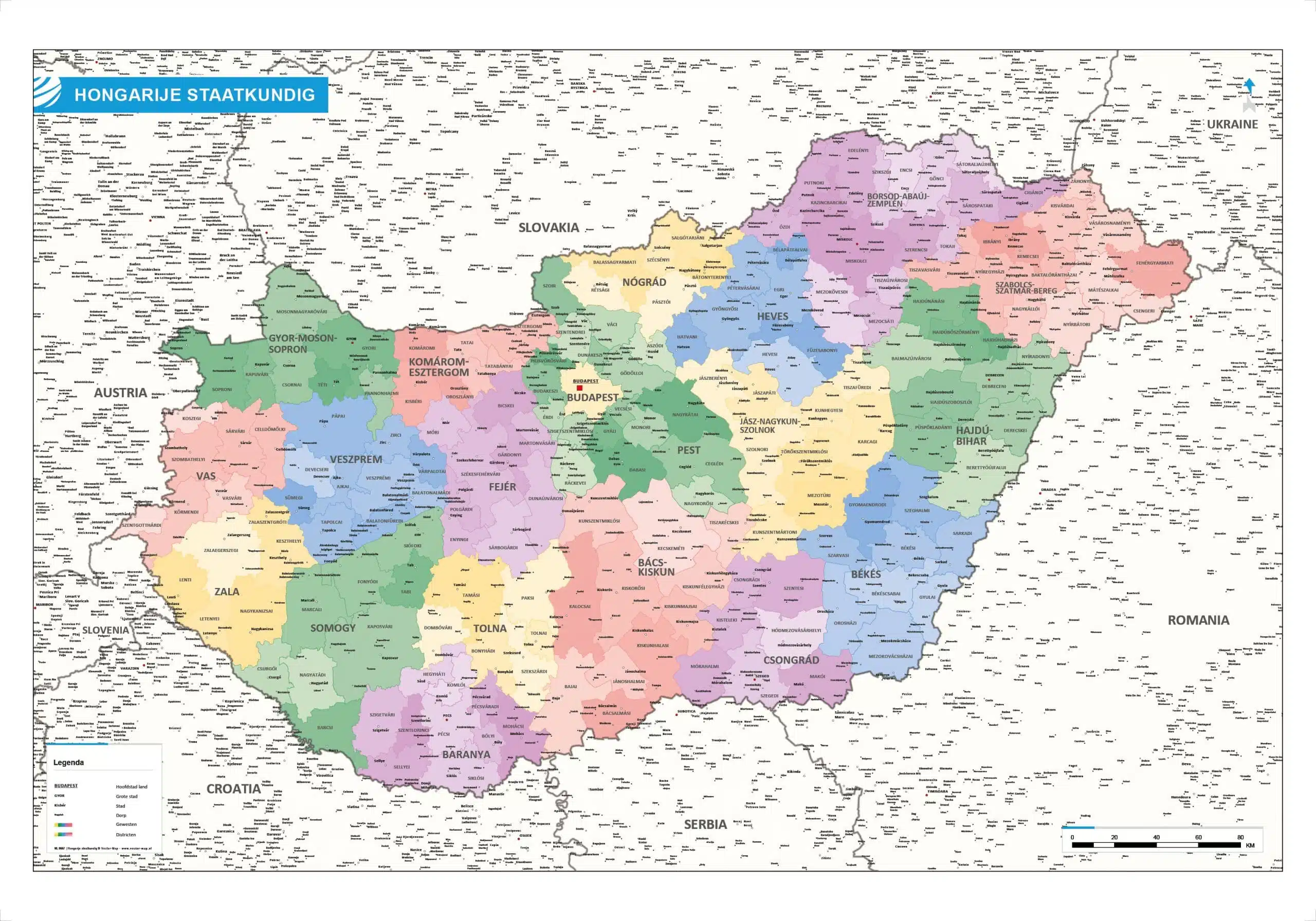 Landkaart Hongarije staatkundig