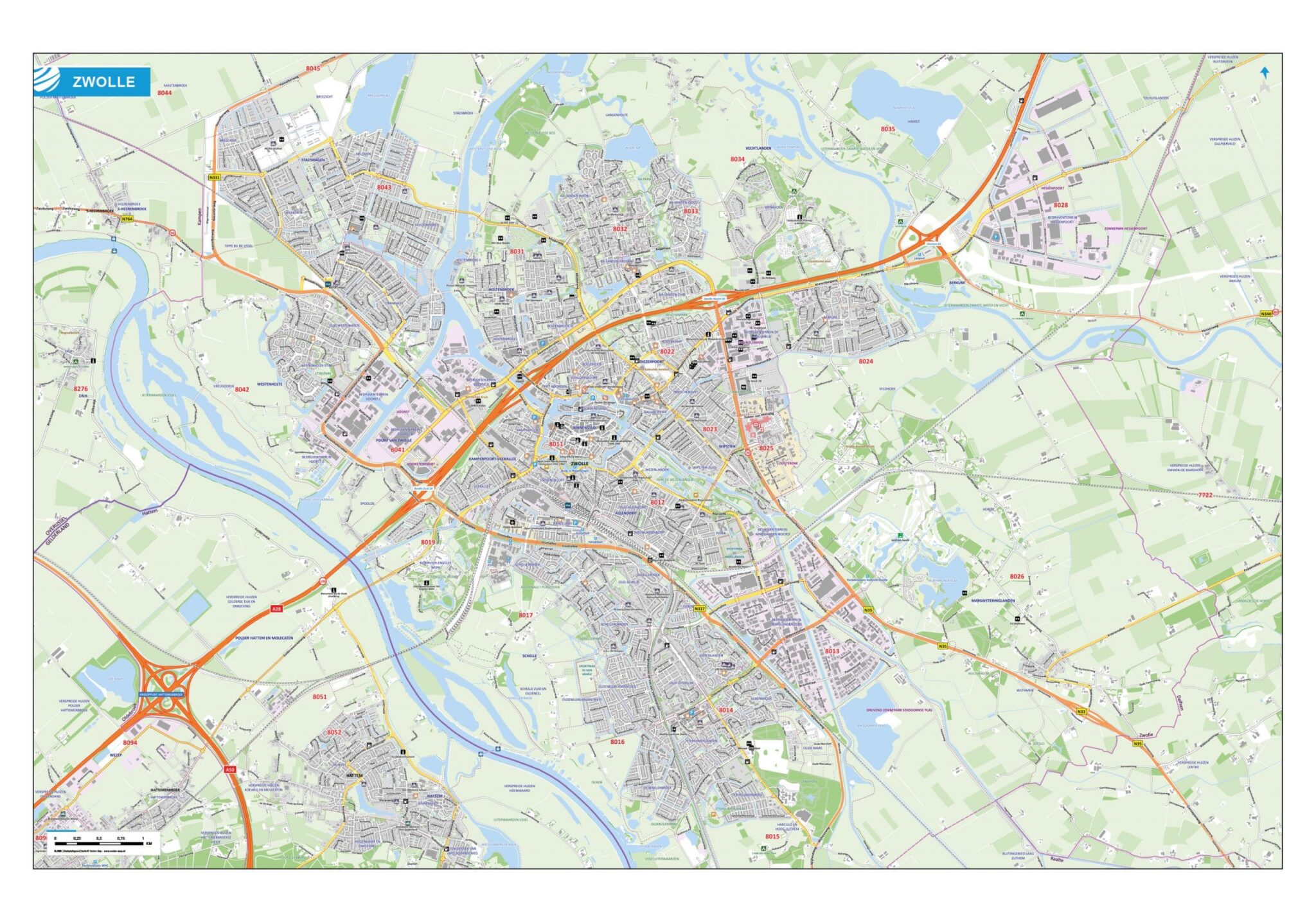 Kaart Zwolle | Stedenkaarten Nederland Vector Map