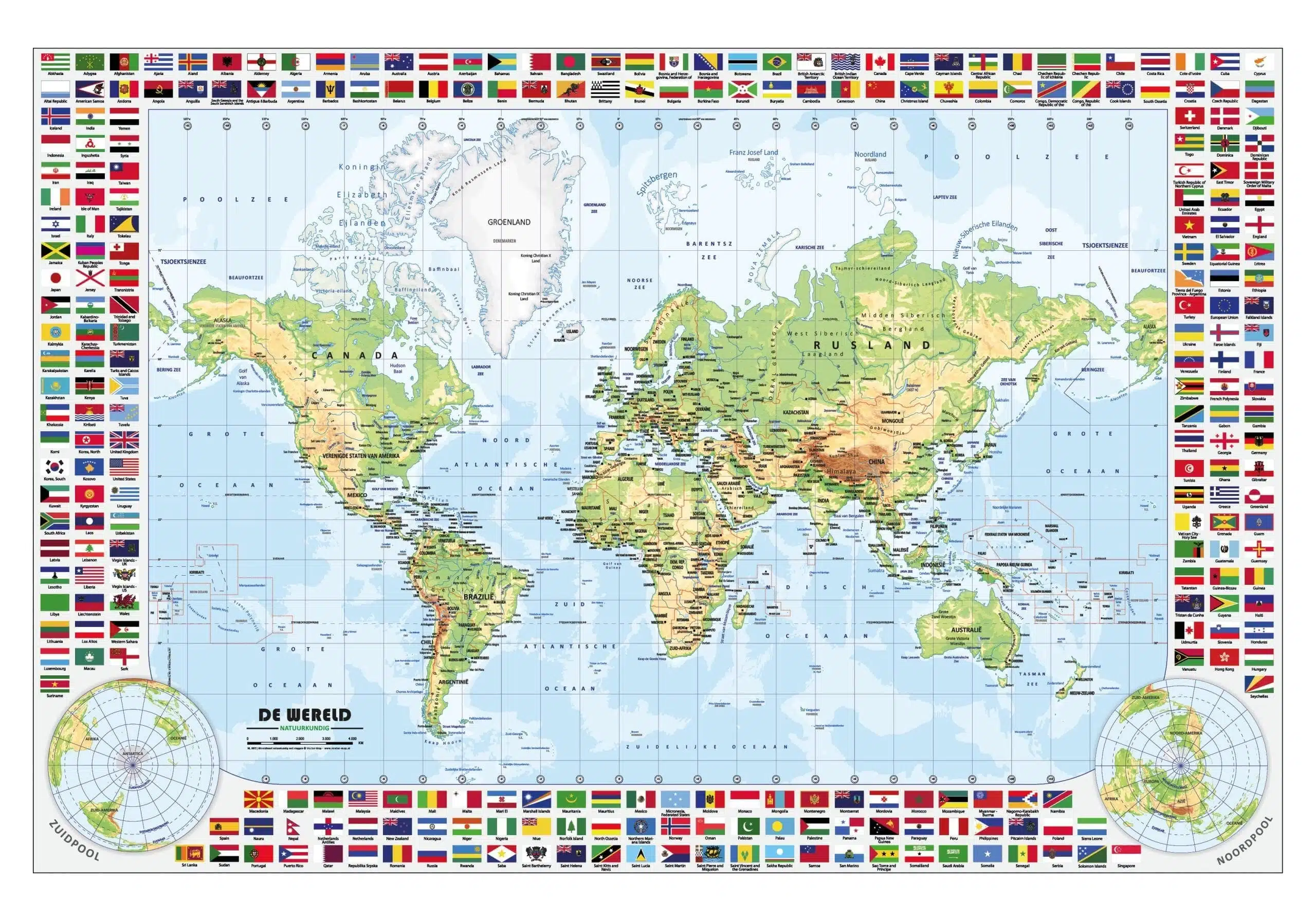 Natuurkundige Wereldkaart met vlaggen