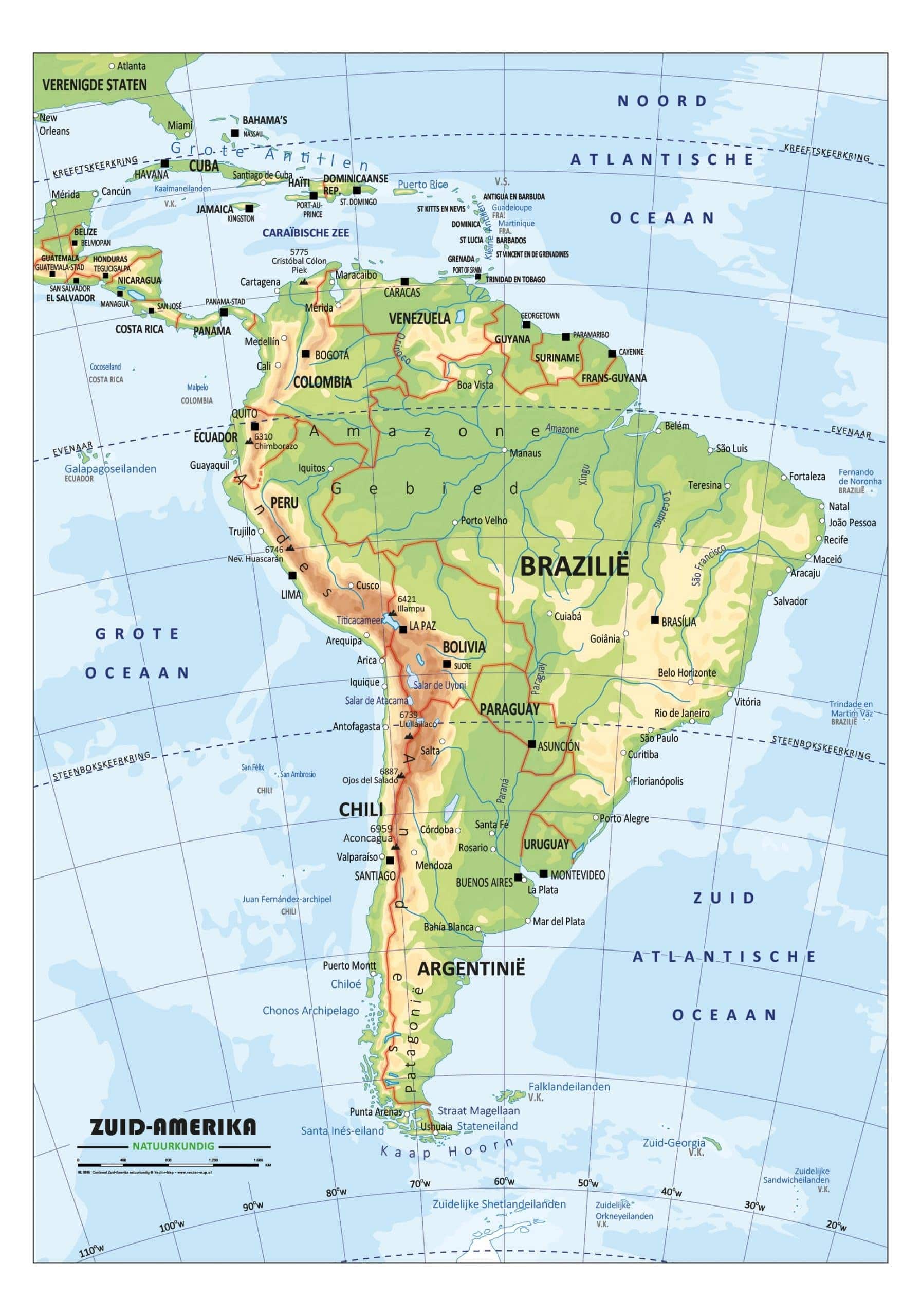 Schoolkaart Zuid-Amerika Natuurkundig - Vector Map De Kaarten Webshop!