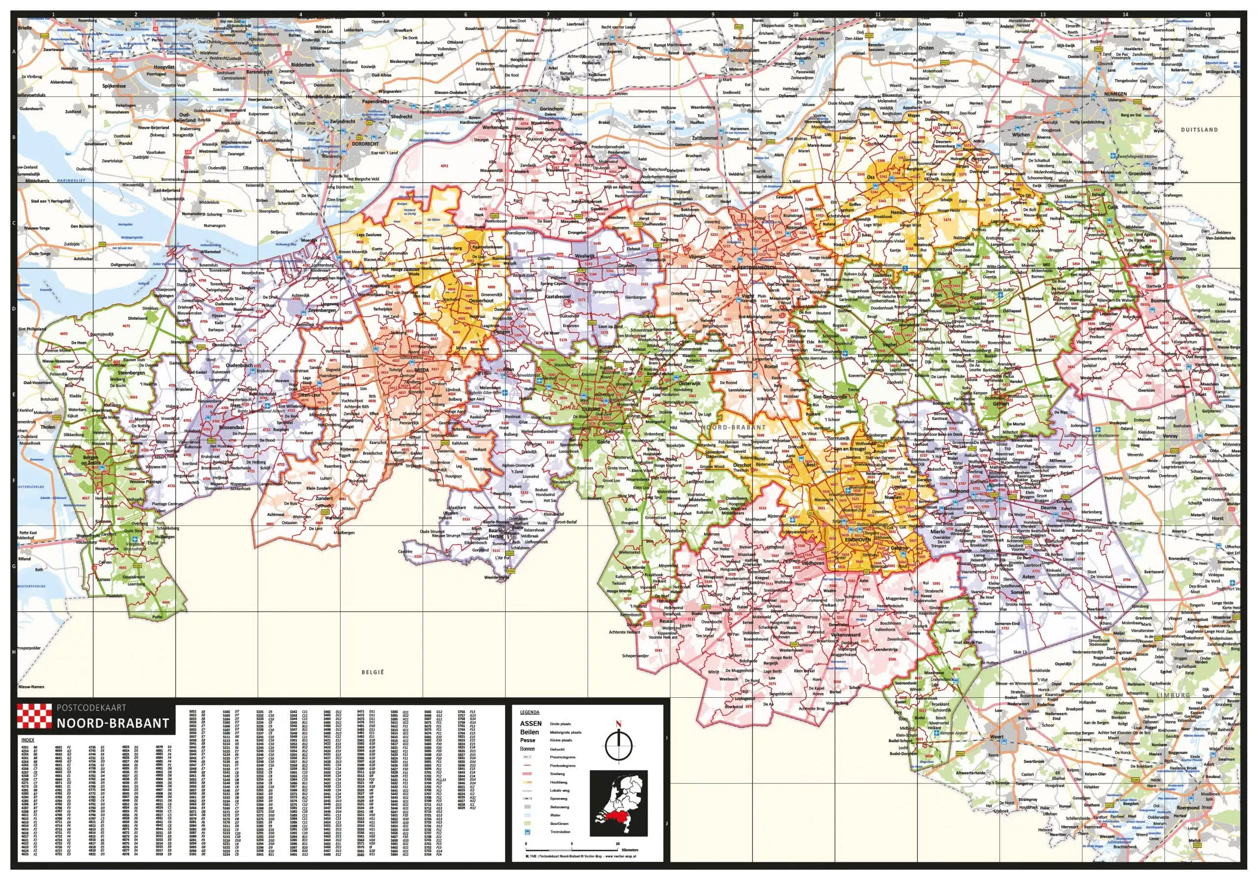Gekleurde postcodekaart Noord-Brabant