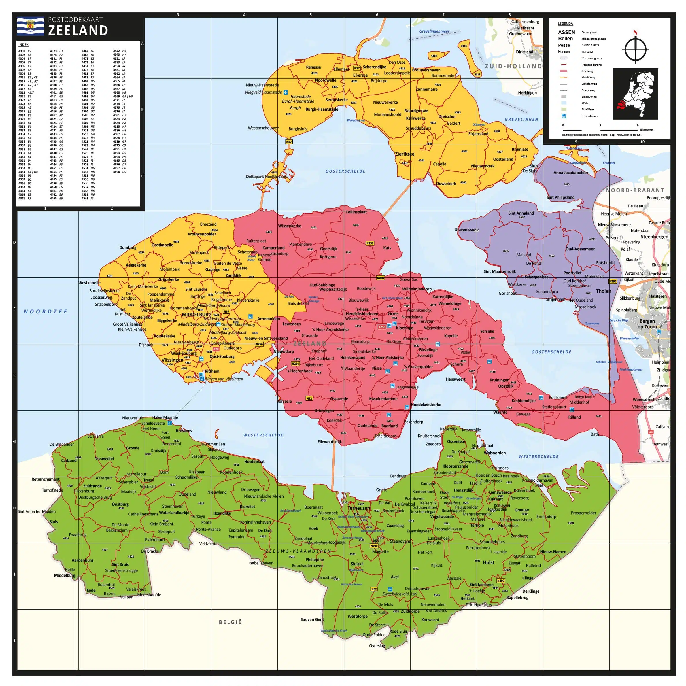 Kaart Zeeland met postcodes