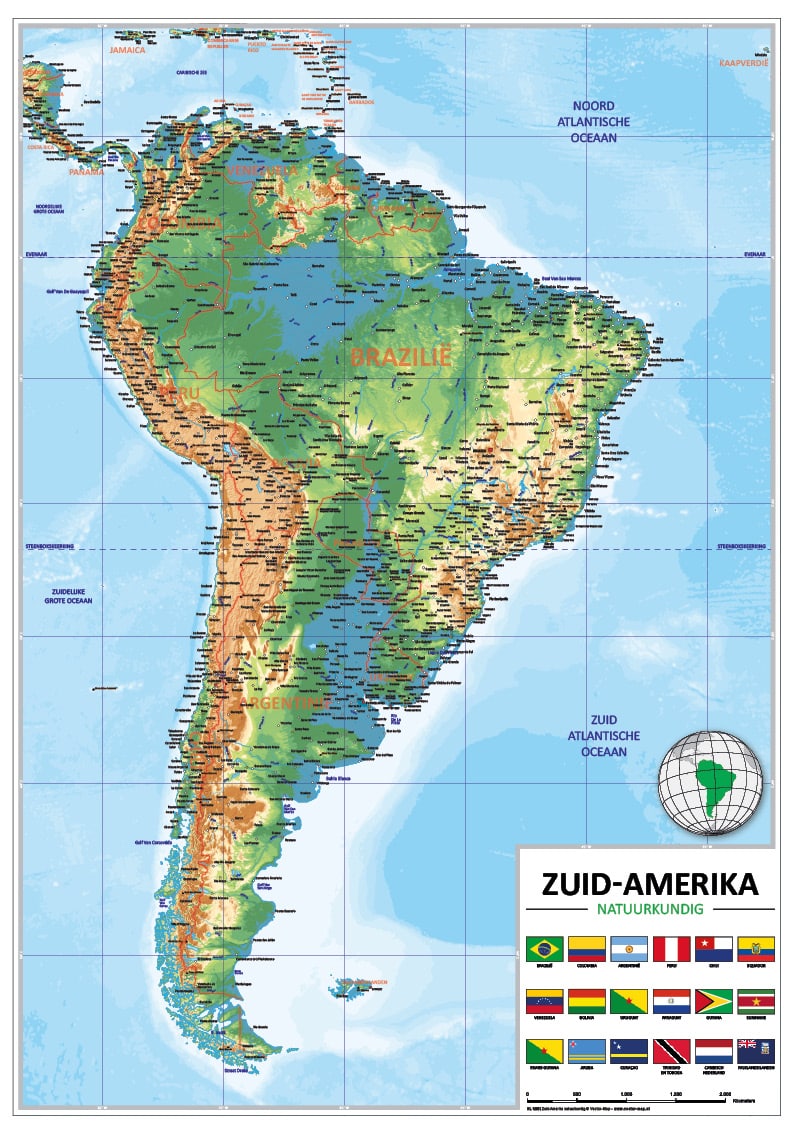Schoolkaart Zuid-Amerika Natuurkundig - Vector Map