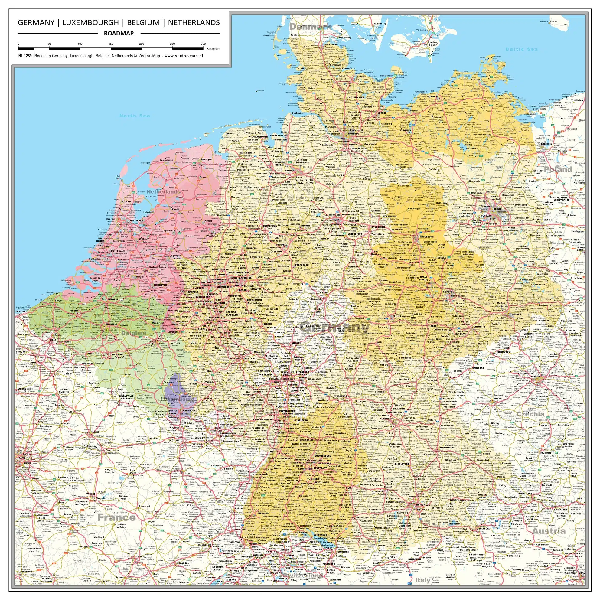 Gedetailleerde wegenkaart Duitsland, Luxemburg, België, Nederland