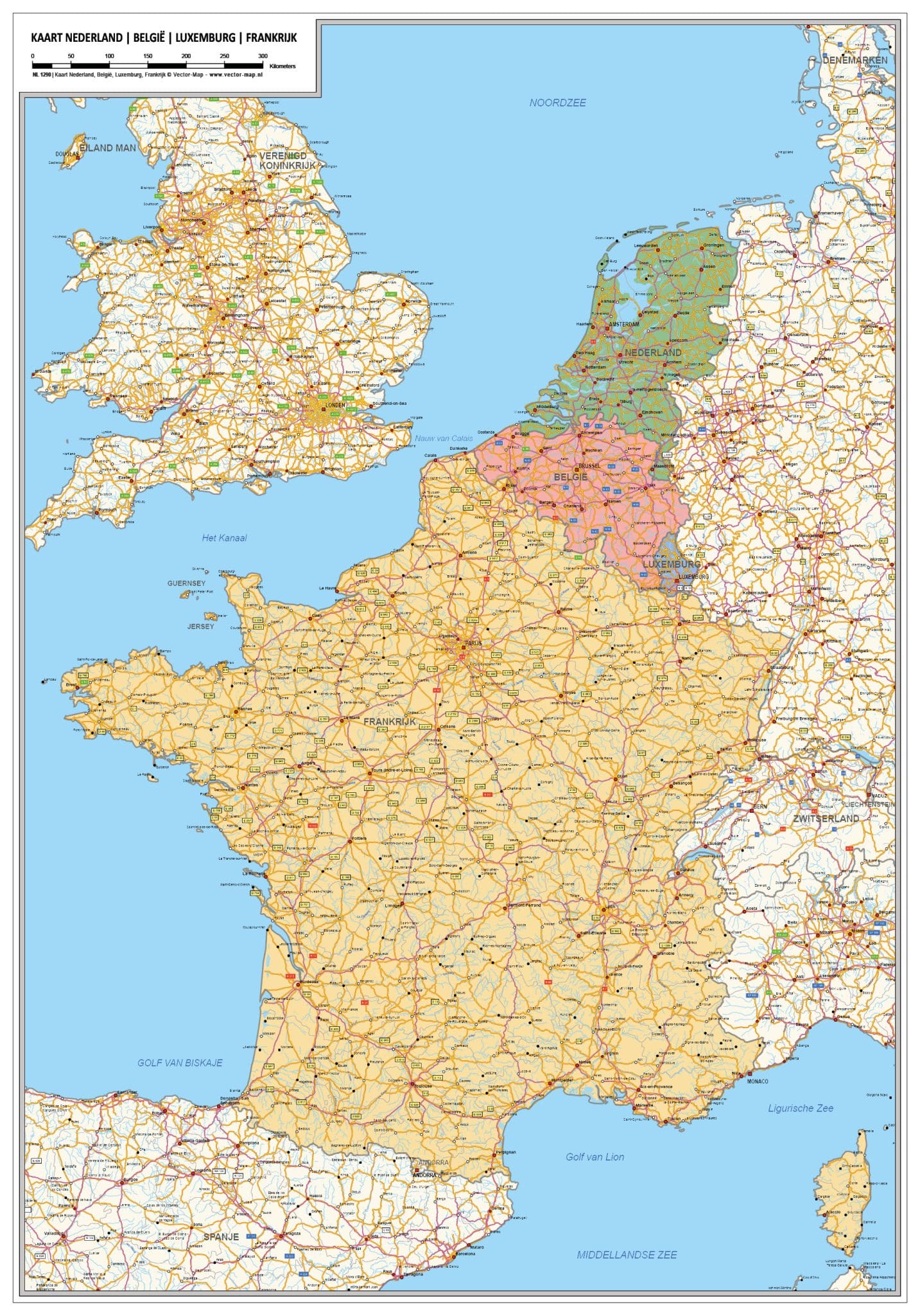 Kaart Nederland, Luxemburg, Frankrijk | Vector Map