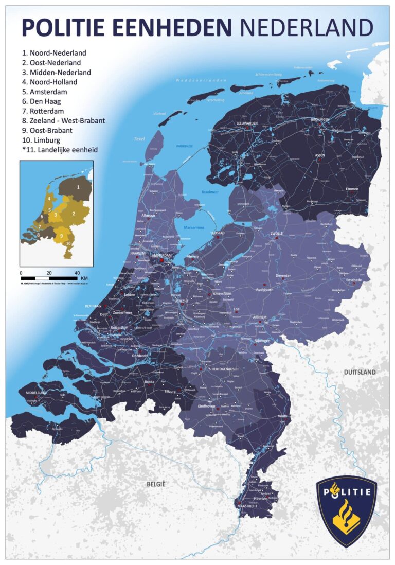 Landkaart Nederland politie-eenheden - een gedetailleerde weergave van alle politie-eenheden in Nederland.
