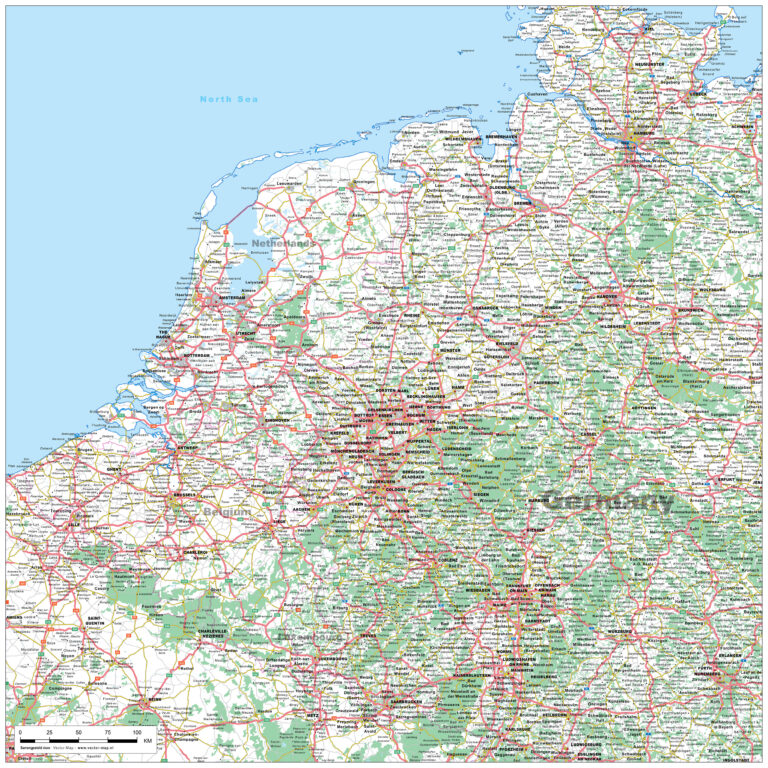 Wegen en plaatsnamen kaart regio Nederland, België & Duitsland