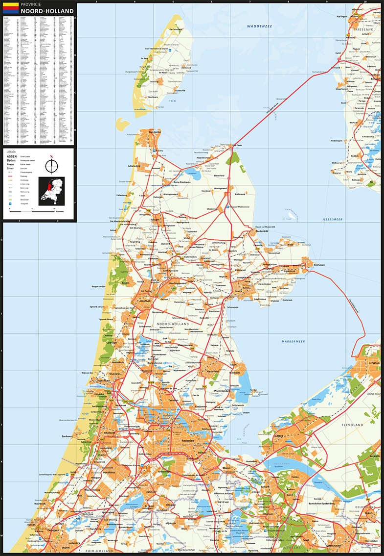 Plaatsnamen kaart Noord-Holland met heldere kleuren