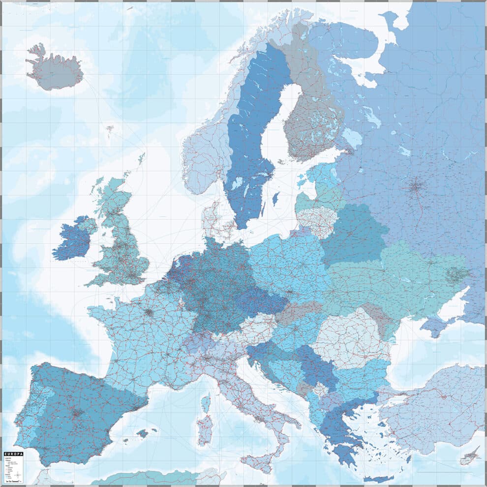 Kaart Europa met diverse blauw tinten