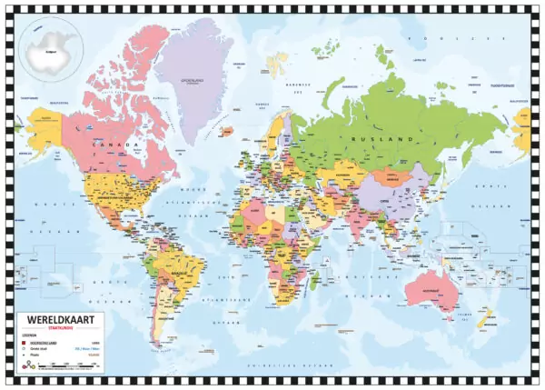 Wereldkaart Poster Klein – kleurrijke staatkundige wereldkaart met legenda en schaalbalk.