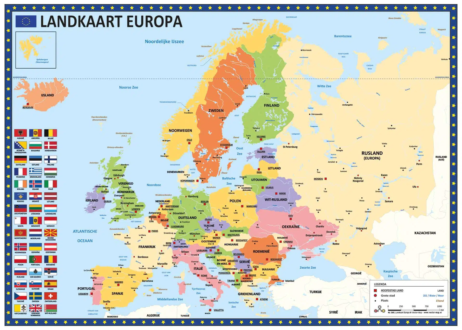 Landkaart Europa Poster Klein – Staatkundige kaart van Europa met legenda en schaalbalk.