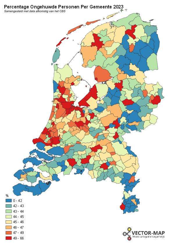 Percentage Ongehuwde Personen Per Gemeente 2023